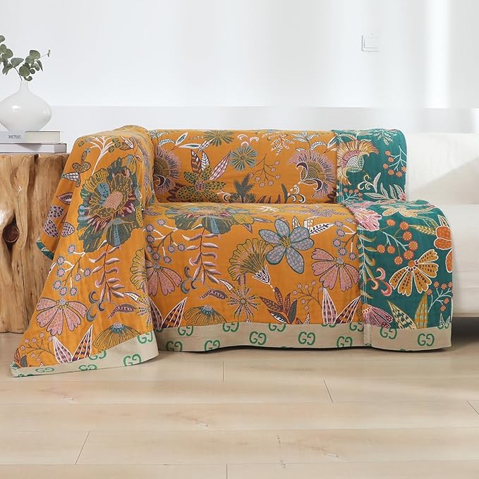 Fall Throw Blankets Reversible Luxurious Cotton Bed Throws with Vintage Bohemian Design & Yellow/Green Lightwight Floral Decor Blanket, Perfect as Bed Sofa Quilt 90" x 98"