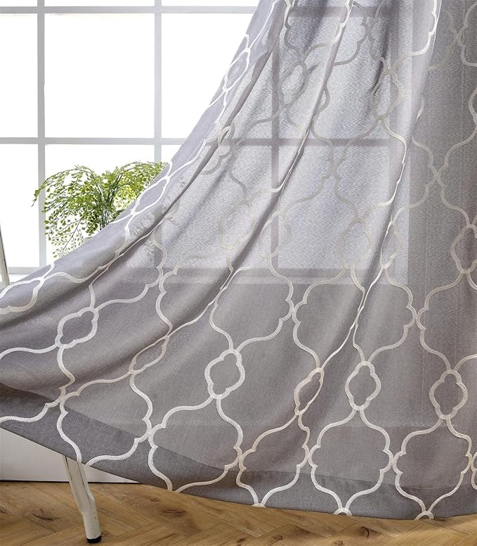 MIUCO Moroccan Embroidered Semi Sheer Curtains Linen Look Grommet Curtains for Living Room 52 x 84 Inch Set of 2, Grey