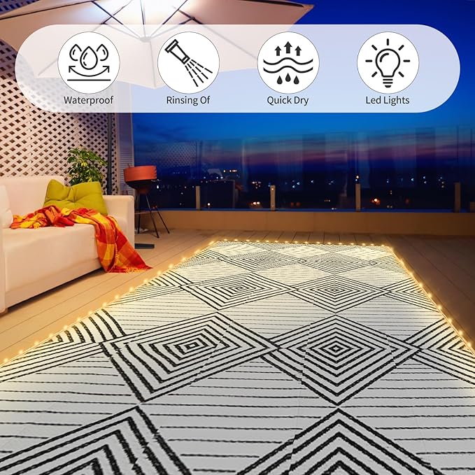 8x10ft Waterproof Outdoor Rug with LED Lights, Foldable Reversible Plastic Straw Mat for Patio RV Camping Picnic Balcony Beach Deck Indoor Outdoor Carpet, Black&White