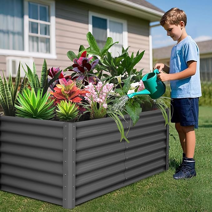 Galvanized Raised Garden Bed Outdoor, 2 Pcs 6x3x2FT Outdoor Large Planter Raised Beds Open Base with Safety Edge and Glove for Vegetables Flowers Ground Planter, Dark Gray