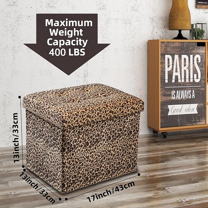 ALASDO Ottoman Storage Ottoman Footrest Stool Small Ottoman with Storage Foldable Ottoman Foot Rest Footstool Bench for Living Room 17x13x13inches Leopard Print