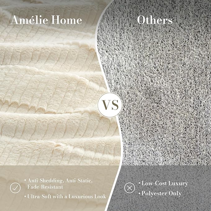 Amélie Home Luxury Striped Faux Fur Throw Blanket for Couch, Embossed Split Fur Cozy Fuzzy Fluffy Luxurious Soft Plush Sofa Chair Bed Gift Blankets for Women Men Wife Friend, 60"x80", Ivory