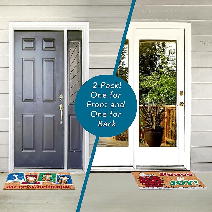 Gertmenian Peanuts Snoopy Coir Doormat - 2x3 Welcome Mat (2-Pack), Ideal for High Traffic Areas in Front Door, Garage, Entryway - Peace & Joy, 80023