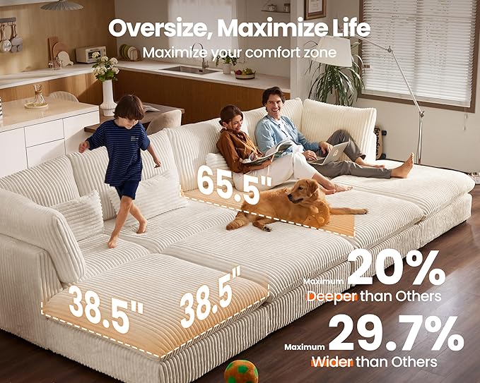 Oversized Modular Sofa, Extra Deep Cloud Corduroy Sectional Couch with Ottoman Chaise, Fluffy Corduroy 5 Seater Sofa Bed for Living Room, Villa (L Shape 5 Seater, Corduroy White)