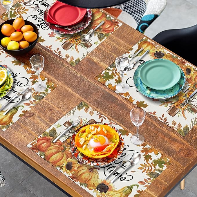 Fall Cross Pumpkin Placemats Set of 4 Autumn Thanksgiving Harvest Sunflower Maple Leaf Orange Linen Table Mats Seasonal Farmhouse Decorative Place Mat for Party Kitchen Dining Decor