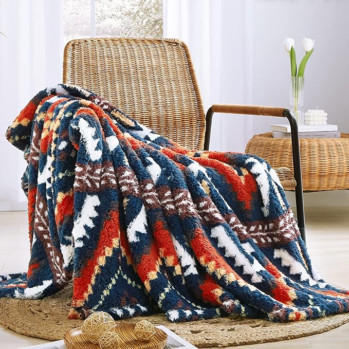 CASAAGUSTO Boho Sherpa Throw Blanket, Aztec Throw, Ultra Soft, Warm, Cozy, Plush, Thick Fleece Bohemian Throw Blanket for Couch, Bed, Sofa (Navy Blue 50 * 60 Inch)