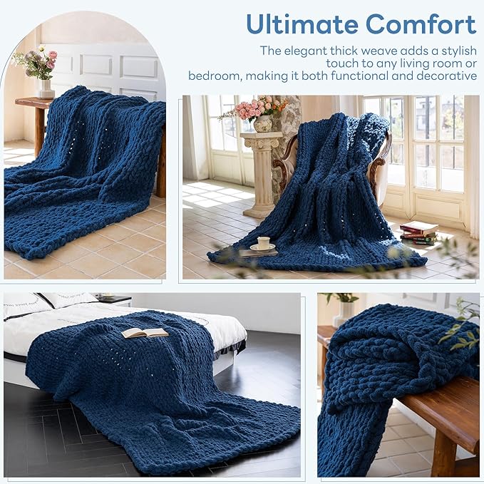 Chunky Knit Blanket - Luxury Soft Cozy 60 * 80 Throw Blanket,100% Woven Blanket Rope Knot Throw Blanket for Couch, Sofa, Home Decor, Gift - Machine Washable（Deep Blue）