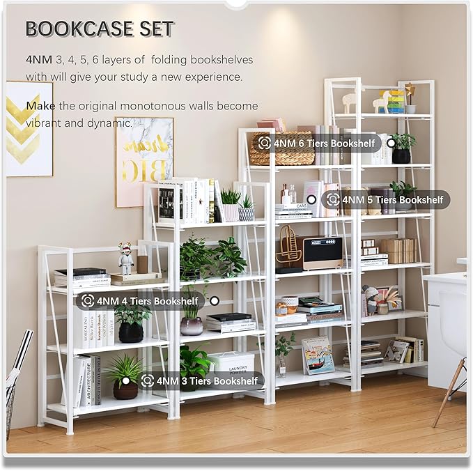 4NM No Assembly Foldable Bookshelf, 6-Shelf Collapsible Bookcase Storage for Small Spaces, 74" H, All White