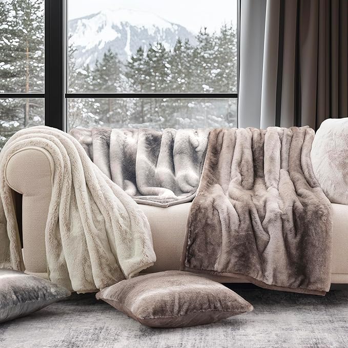 Ultra Soft Luxury Fluffy Mink Faux Fur Throw Blanket, Thick Warm Fall Winter Blankets for Bed, Couch, Cozy Plush Reversible Blanket for Chair, Sofa (Tipped Champagne Ivory, 50"x60")