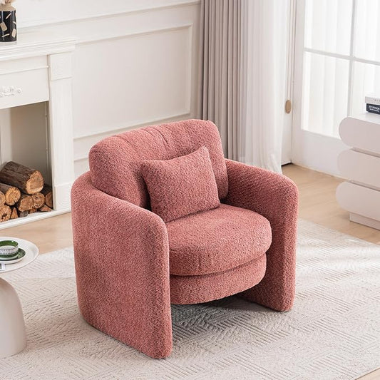 Chenille Accent Armchair Oversize Upholstered Barrel Comfy Modern Round Lounge Sofa Chair with Pillow Cozy Reading Chairs for Apartment,Office,Living Room,Dining,Makeup,Club,Pink