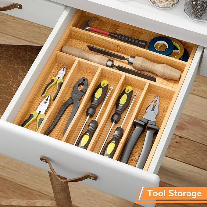BAMEOS Bamboo Silverware Drawer Organizers, 11.9 inch Utensil Drawer Organizer for Kitchen Drawers, 7 Slots Total Large Flatware Organizer for Knives Cutlery Spoons Forks (Natural)