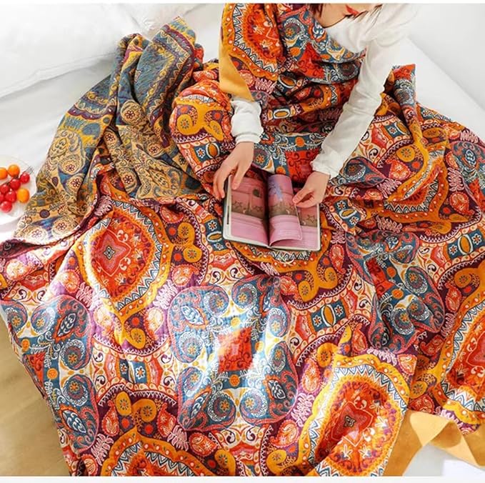 Boho Muslin Blanket for Adults 4-Layer Gauze Twin Size Soft Cozy 100% Cotton Summer Cooling Blanket Floral Decor for Sofa Bed Coverlet Both Sides (A Boho Figure Orange, Twin 60 x 80 in)