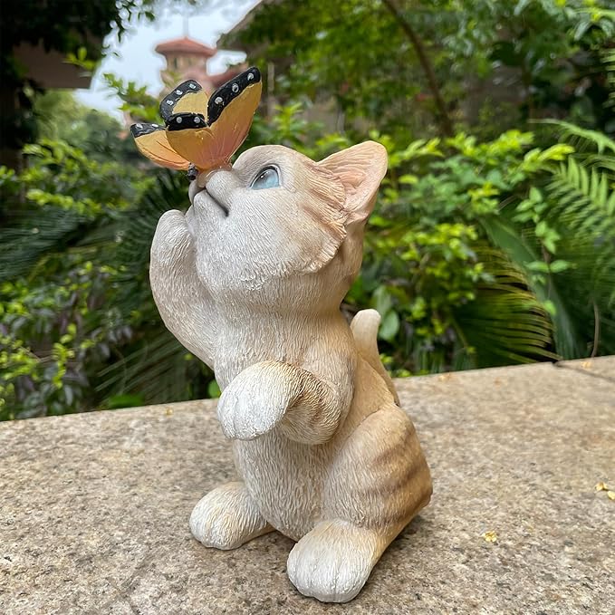Garden Decor Solar Cat Figurines Cat Lover Gifts with LED Butterfly Lights for Indoor Outdoor Decor for Yard Garden Patio Decor Gifts for Women Grandma Mother's Day Birthday