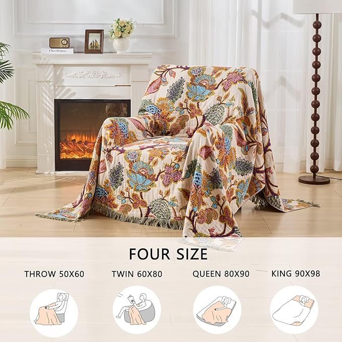 Boho Throw Blanket for Bed, Sofa,Cozy Lightweight Fall Blanket,100% Cotton Southwestern Farmhouse Floral Decor, Reversible Rustic Blanket, Chair, Picnic Throw Blanket,50"x60"