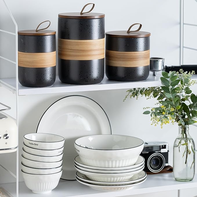 Ceramic Jar with Lid, Coffee Container Kitchen Food Storage Jars for Spice Sugar Tea Bag, Stackable Decorative Jars for Countertop, Black & 18oz