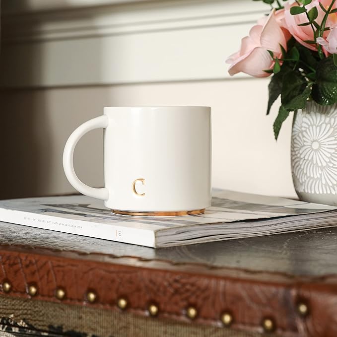 COLLECTIVE HOME - Monogram Ceramic Mugs, 15 oz Golden Initial Coffee Cups, Elegant Alphabet Tea Mugs, Elegant Personalized Mug with Gift Box, Luxurious Cups for Office and Home (c)