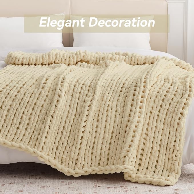 Chunky Knit Throw Blanket, 50''*60'' Knitted Throw Chenille Yarn for Bed Couch, Handmade Oatmeal Crochet Big Thick Blanket, Machine Washable Cute Comfy Blanket for Home Decor