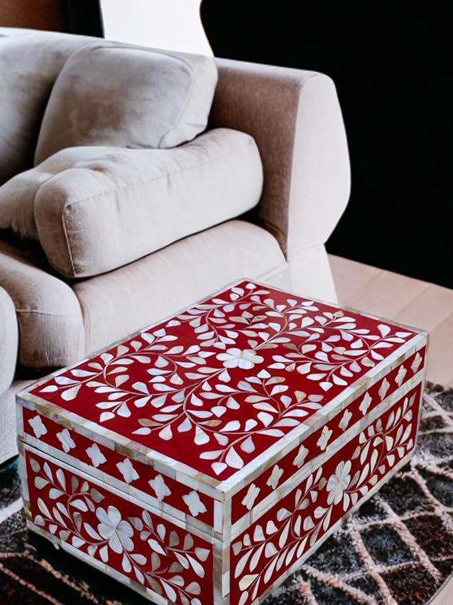Decorative Storage Box Of Mother Of Pearl Inlay Floral Design Wooden Storage Box For Home Decoration For Living Dining & Bedroom (Red_9x6x3.5 inch)