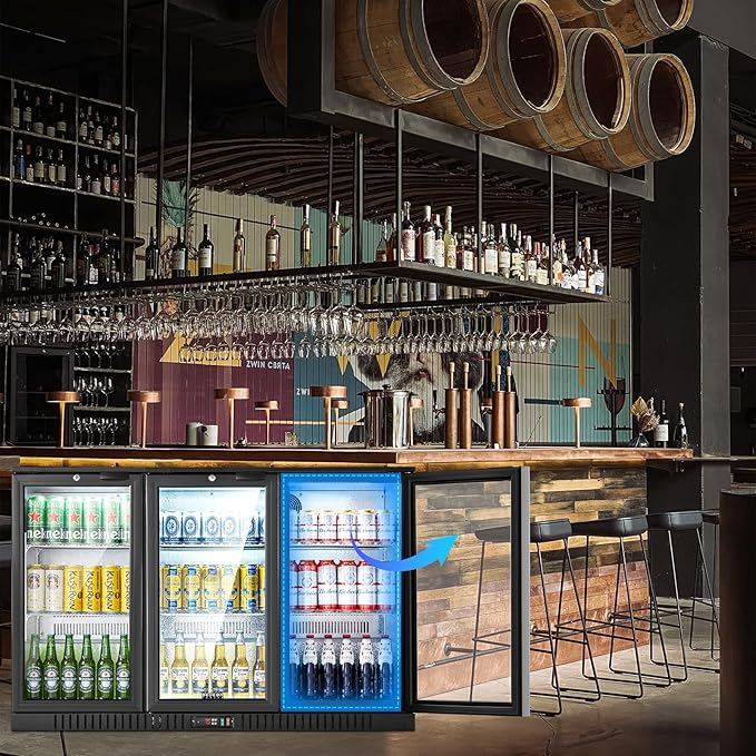 BODEGACOOLER Back Bar Cooler With 3 Glass Doors,11.4 Cu.Ft Commercial Back Bar Fridge with LED Lighting,Counter Height Bar Outdoor Beverage Cooler for Beer,Soda Drinks,Wine