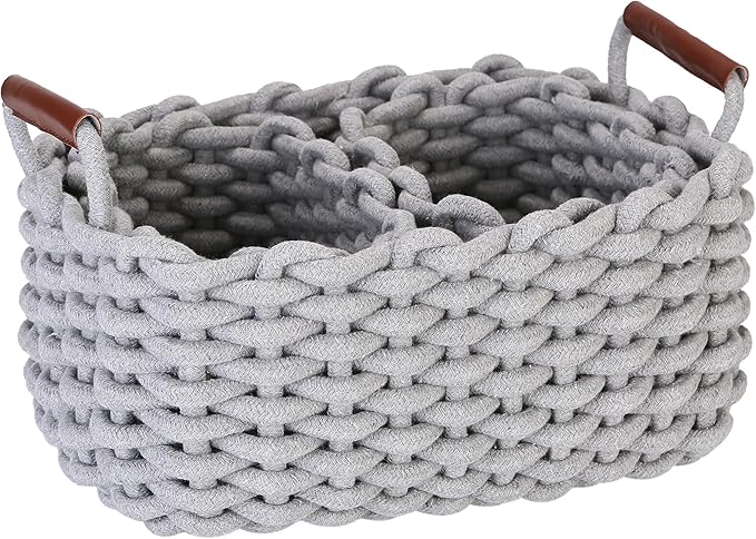 Sea Team 3-Pack Rectangle Woven Cotton Rope Storage Baskets with Handles, Shelf Basket, Closet Organizers, 3-in-1, Gray