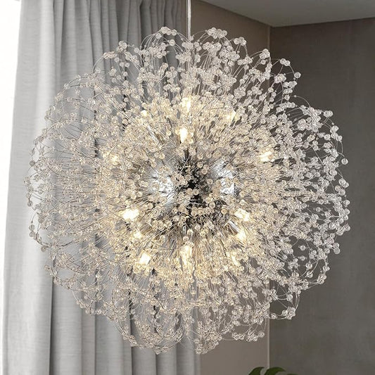 Dandelion Crystal Chandelier with Chrome, Modern Large Sputnik Hanging Lamp, Sunflower Beaded Pendant Light Fixtures High Ceiling for Living Room Bedroom Dining Room (Chrome 16Lights)