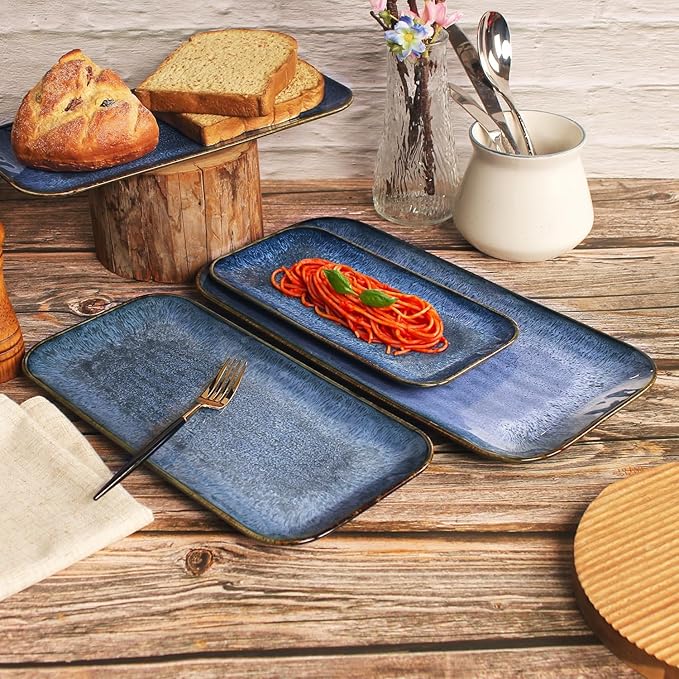 Ceramic Dinner Plates Dish Set,Set of 4, for Lunch snacks - Microwave, Oven & Dishwasher Safe,Scratch Resistant, Dinnerware Kitchen Porcelain Serving Dishes,Blue 12.4 Inch Rectangle plate