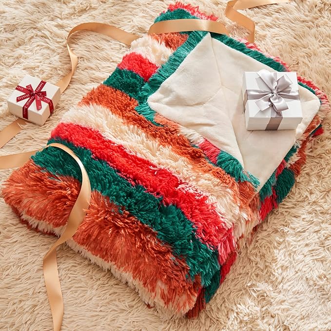 GONAAP Fuzzy Faux Fur Throw Blanket Stripe Red Brown Super Soft Cozy Plush Fuzzy Shaggy Blanket for Couch Sofa Bed (Stripe Red Brown, Throw(50"x60"))