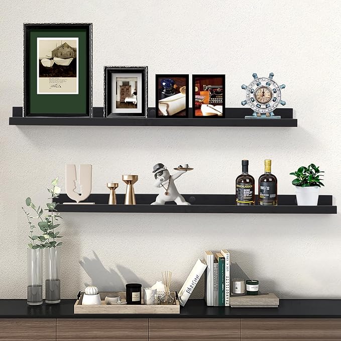 AZSKY Picture Ledge Shelf, Floating Shelves Set of 2, 48 Inches Picture Shelves for Wall with Ledge, Long Shelf Wall Mounted for Living Room Bedroom Decor Books Photo Frames - Black