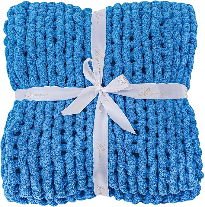 Bigacogo Chunky Knit Throw Blanket for Couch, 51x63 inches, 100% Hand Knitted with Thick Jumbo Chenille Yarn, Cozy Soft Large Rope Knot Cable Crochet Blankets for Sofa Bed Living Room, Bright Blue