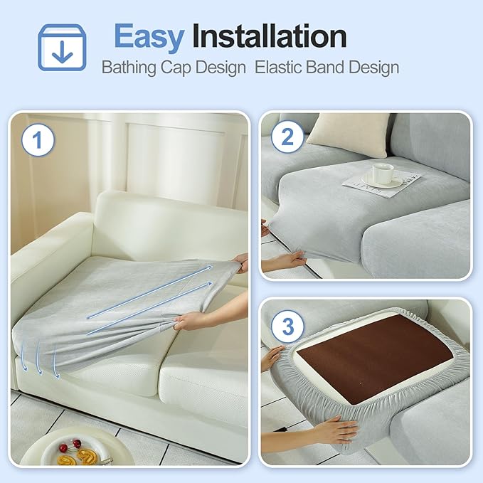 Couch Cushion Covers Individual Large Super Stretch Chenille (Softer Version) Sofa Cushion Covers, Couch Seat Covers Couch Slipcovers Furniture Protector (2 Piece, Light Grey)