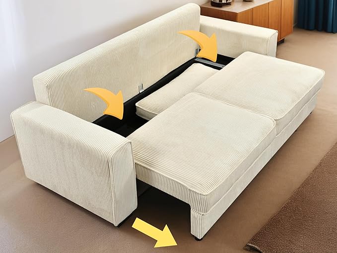 91-Inch Corduroy Pull Out Couch with Storage, Convertible Queen Sleeper Sofa with Pull Out Bed, Hide a Bed Couches for Bedroom, Guest Room, Apartment, Small Places, RV (Beige)