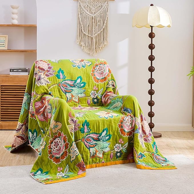 Fall Throw Blanket, 100% Cotton Soft Rustic Boho Throw Blanket for Bed, 50"x60" Farmhouse Decor Bed Flower Blankets, Light Weight Reversible Bohemian Throw Quilt