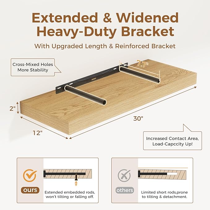 Floating Shelves 30 Inch Long, 12 Inch Deep Floating Shelf for Books, Rustic Wood 30 x 12 Storage Shelves for Wall Storage & Display, Thicked Wall Shelf for Kitchen, Living Room, Oak Color, 1 Pack