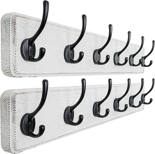 Dseap Wall Mounted Coat Rack: 24" Long, Patented, Heavy-Duty, 6-Double-Hooks Wooden Hanger Rail for Winter Coats, Hat, Jacket, Clothing - White & Black, Pack of 2