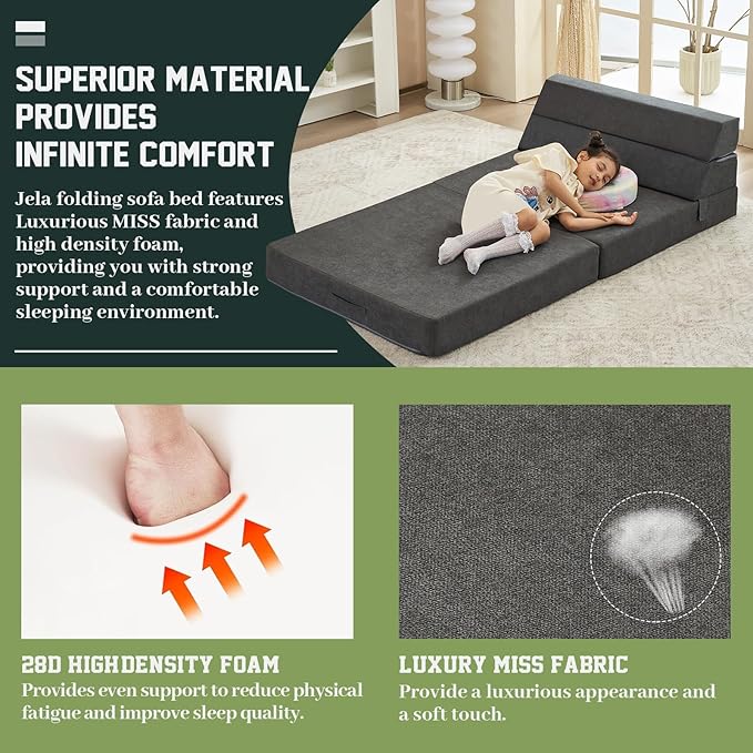 jela Foldable Sofa Bed Soft Foam Convertible Sleeper Chair Luxury Miss Fabric Fold Out Chair Bed Floor Couch with Back Support Floor Sofa for Living Room Bedroom (Twin,Dark Gray)