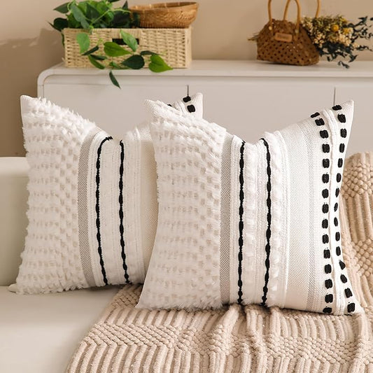 Boho Chenille Tufted Couch Throw Pillow Covers 18x18 Inch Set of 2 Farmhouse Striped Decorative Pillow Covers Accent Neutral Pillowcase Black Cushion Cover for Living Room Sofa Bed