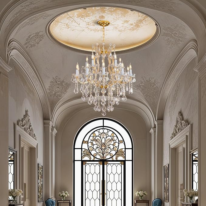 Crystal Chandelier for High Ceilings, Gold Chandelier, 15 Lights Modern Gold Crystal Chandeliers, Large Chandeliers for Staircase Foyer Entryway Living Room, 2 Layers