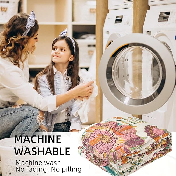 Boho Throw Blanket for Bed - 100% Pure Cotton Ultra Soft Rustic Quilt - Farmhouse Decor Bed Blankets, All Season Rustic Throw for Sofa Couch Chair(60"×80", Floral Blossom)