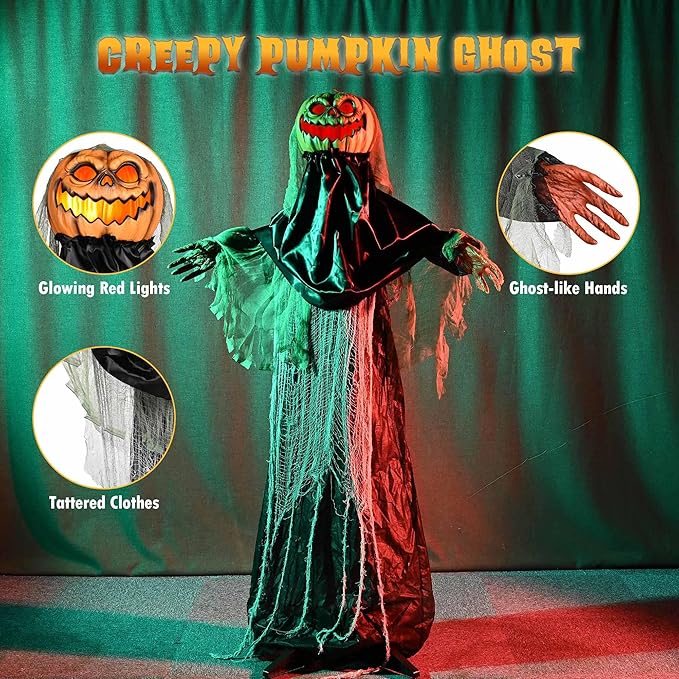 AW Scary Animated Halloween Decorations Jack-O-Lantern,Pumpkin Ghost Props 5.4 Ft Full Life Size with Motion/Sound Activated Glowing Head Horror Party Outdoor Indoor Decorations Farm Scarecrow 2025