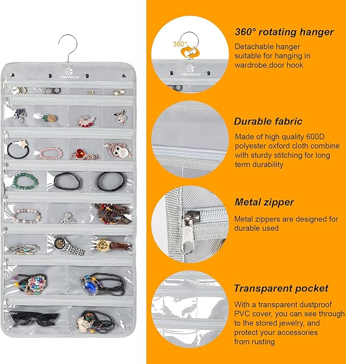 Freegrace Hanging Jewelry Organizer Revolving Hanger - Secure Zipper Closure - 50 Pockets - Foldable Storage & Display Solution - For All Jewelry & Bijoux (Gray)