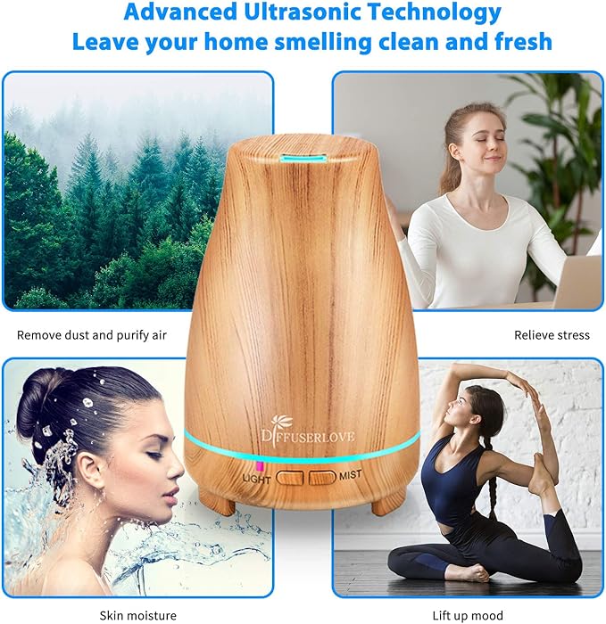 Diffuserlove Essential Oil Diffuser 200ML Aroma Diffuser Mist Humidifiers with 7 Color LED Lights, Auto Shut-Off Function for Bedroom Office Room House