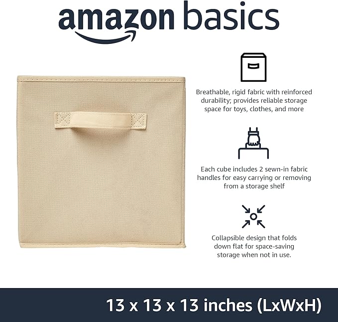 Amazon Basics Collapsible Fabric Storage Cube Bins Organizer with Handles, Sturdy, Beige, 13-x-13-x-13-inch, Pack of 6