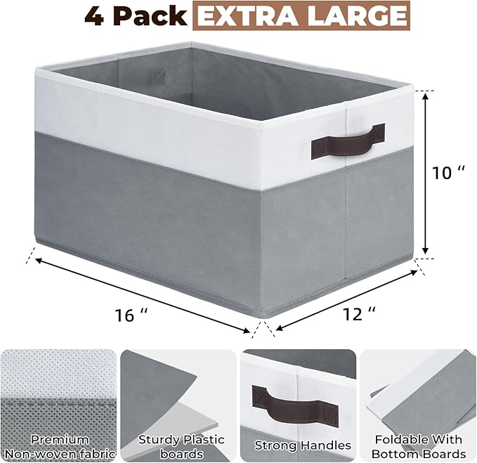 Criusia Extra Large Storage Bins 4 Pack - 16x12in Closet Organizers and Storage Baskets for Organizing Clothes Toy Blanket - Fabric Storage Cubes Containers for Shelves - All Room Organization
