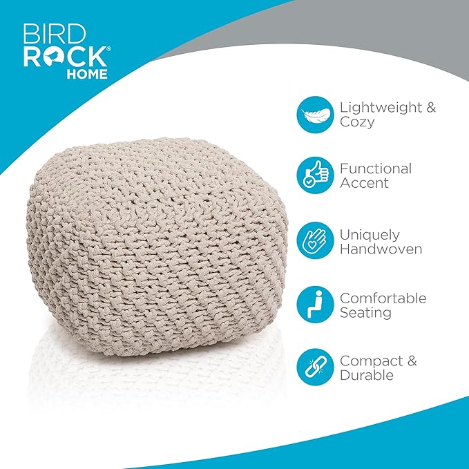 BIRDROCK HOME Square Pouf Ottoman | Cotton Braided Foot Stool with Bean Bag Filling | Boho Foot Rest for Living Room, Bedroom | Compact & Comfortable Seating, Lightweight & Sturdy | Natural
