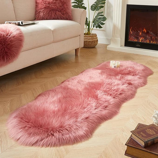 AMTOVO Faux Sheepskin Rug, Blush Pink Ultra Soft Fluffy Shag Area Rug, 2 x 6 ft Faux Fur Rug for Bedroom Sofa Throw Cushion Room Decor, Sheepskin