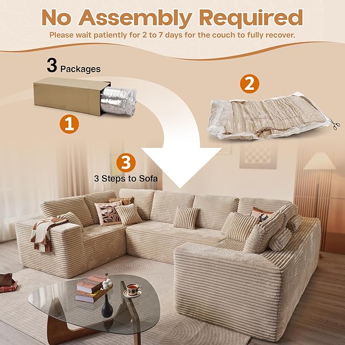 Cloud Sectional Couches for Living Room,U Shaped Modular Sofas No Assembly,135x79 Inches Plush Corduroy Oversized Floor Couch Set with Deep Seat Chaise,Beige