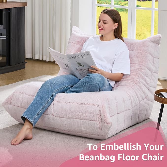 Bean Bag Chairs for Adults Giant Bean Bag Chair Memory Foam BeanBag Chair Big Bean Bag Sofa with Filler Faux Fur Fireside Beanbags Lazy Sofa for Living Room Bedroom Dorm Office (Pink Plush)