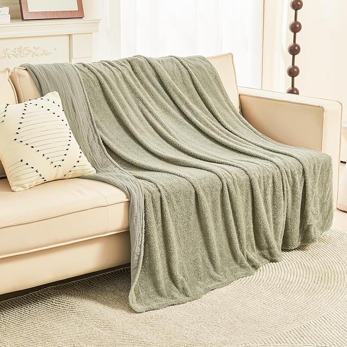 EMME Muslin and Fleece Twin Blanket Reversible - 60"*80" Sage Green Soft Warm Throw Blankets for Couch Bed Picnic Travel Bed