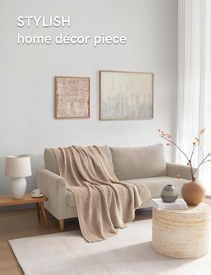 YnM Chunky Cotton Knit Throw Blanket, Cable Knit Throws for Bed Couch Sofa, Comfy & Relaxing, Decorative Piece for Farmhouse Modern Boho Rustic Scandinavian Chic Vibe, Beige 40x50 Inches