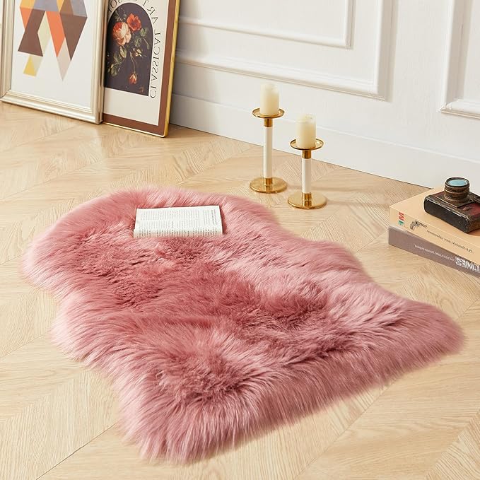 AMTOVO Faux Fur Rug, Blush Pink Small Area Rug, Fluffy Sheepskin Rug, Fuzzy Ultra Soft 2 x 3 ft Shag Rugs for Bedroom Sofa Throw Cushion Room Decor, Sheepskin